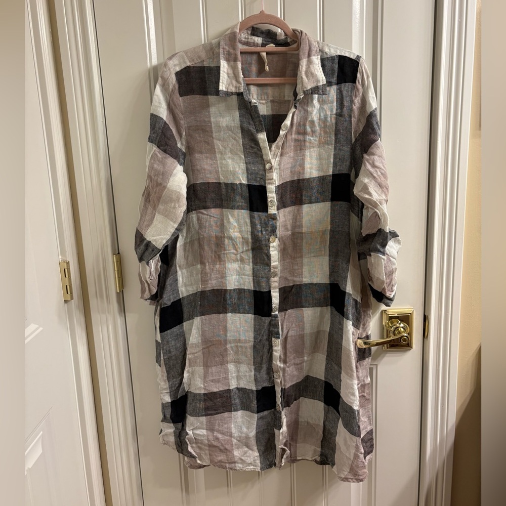 Match Point Linen Plaid Button Down Shirt Dress Tunic Size M Black Tan White - Picture 3 of 13